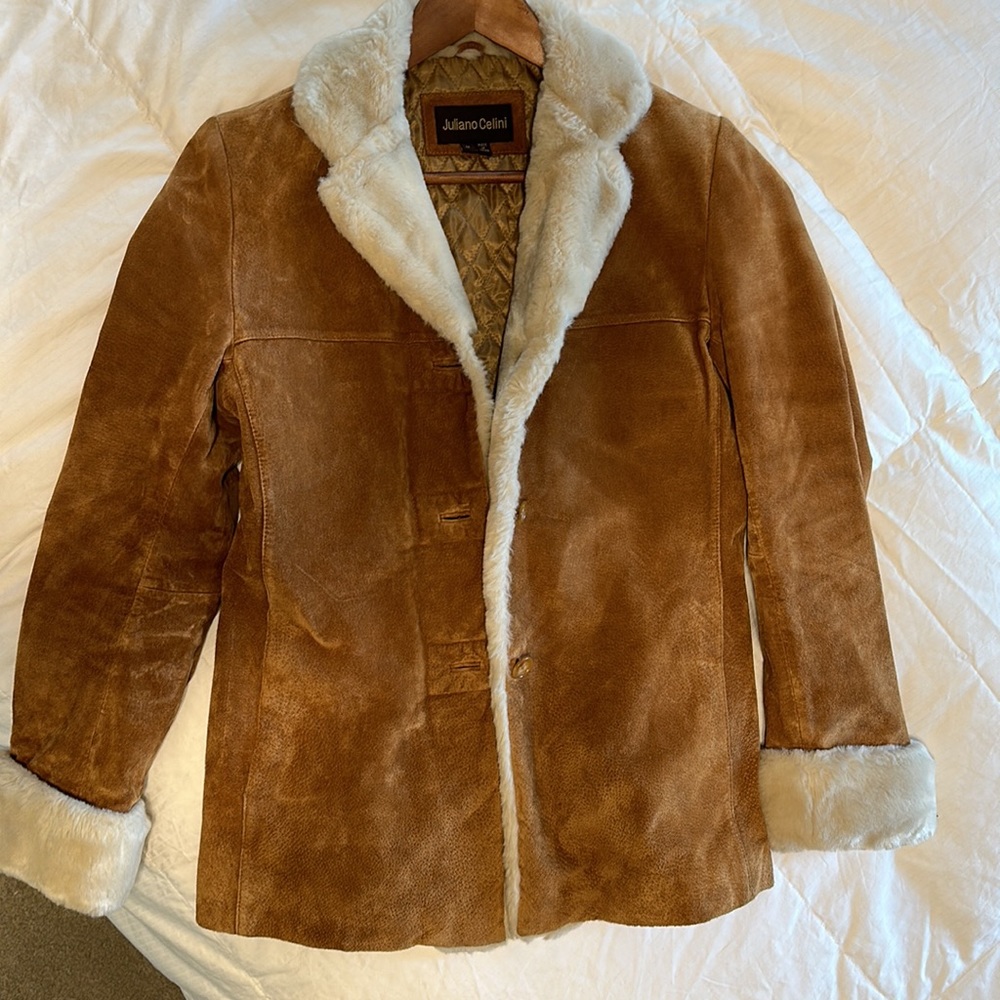 Like new Suede coat with soft faux fur accents - Picture 2 of 14
